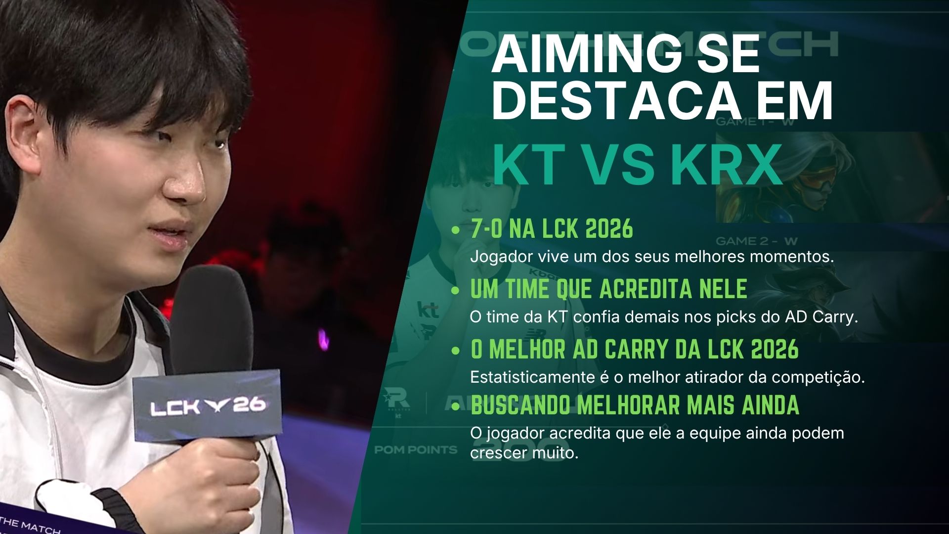 Jogador Aiming da KT Rolster dando entrevista após a vitória contra o time da KRX pela partida de número 31 da LCK 2026.